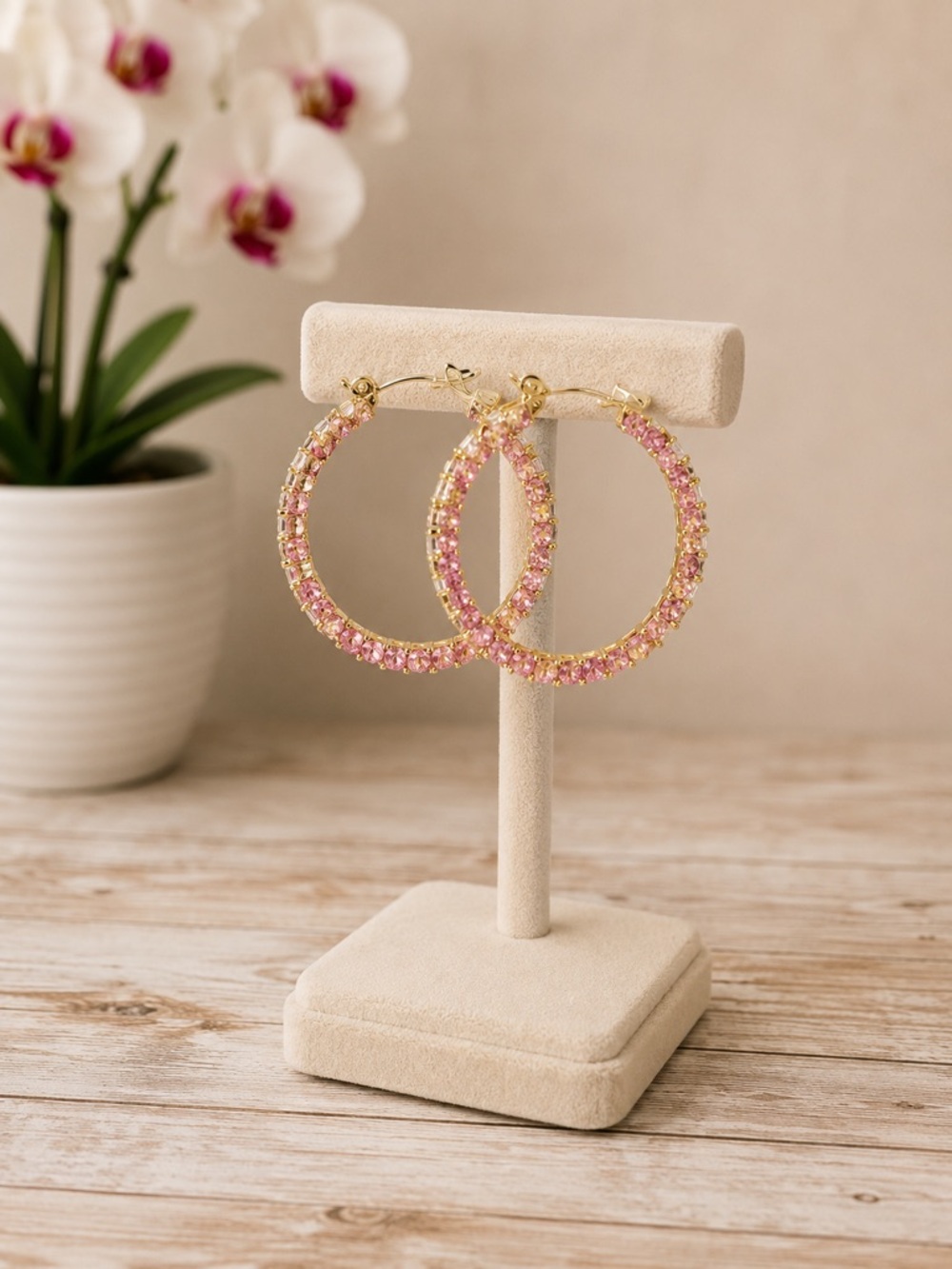 Macy's Gold‎ and Pink Crystal Hoop Earrings